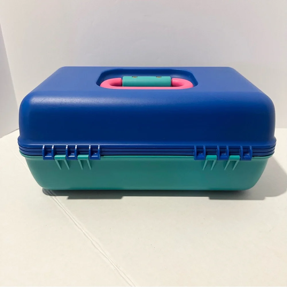 Vintage Cali Caboodle Blue Teal Pink Makeup Case Organize Sliding Tray 2602